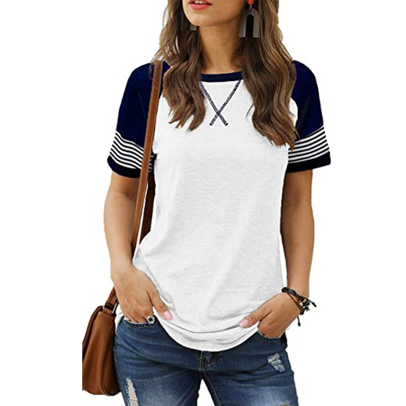 Stitching Faded Short-sleeved Ladies Casual T-shirt