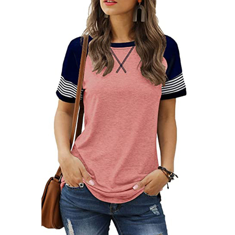 Stitching Faded Short-sleeved Ladies Casual T-shirt