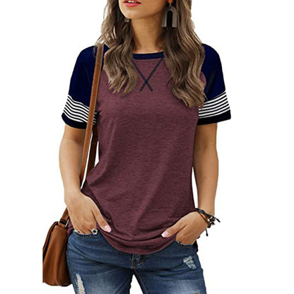 Stitching Faded Short-sleeved Ladies Casual T-shirt