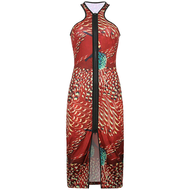 Womens Printed Sleeveless Zipper Dress