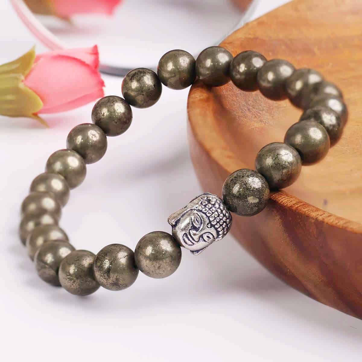 Unisex Pyrite Elastic Bracelet with Lucky Charm