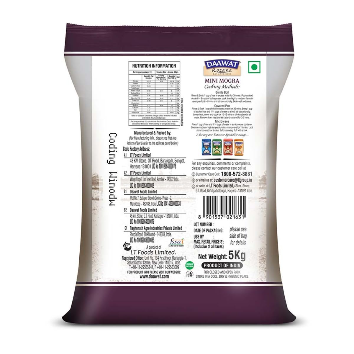 Daawat Sehat/Rozana Basmati Rice Mini Mogra, 5kg