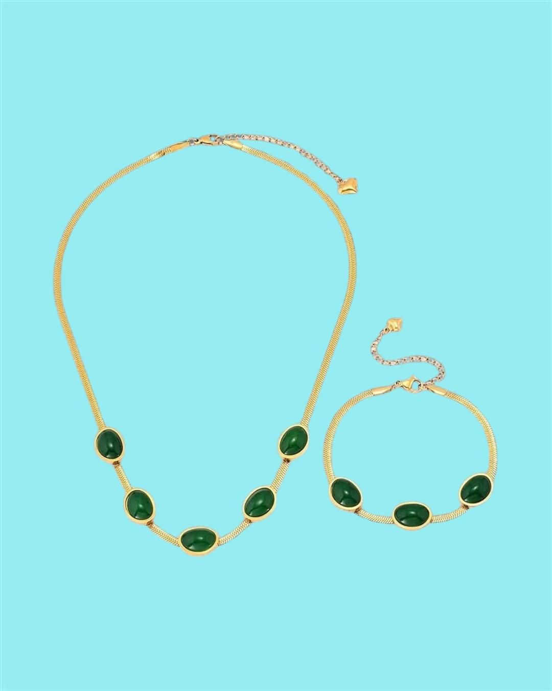 Oval Green Crystal Pendant Necklace Set With Bracelet