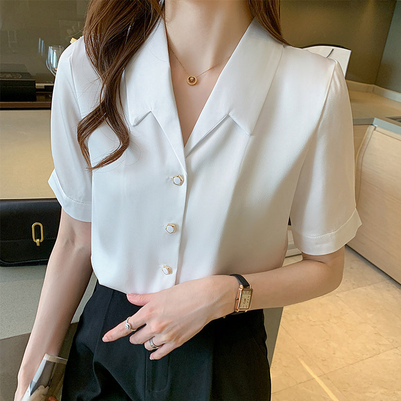 Summer High End Ladies Short Sleeve Chiffon Shirt Women