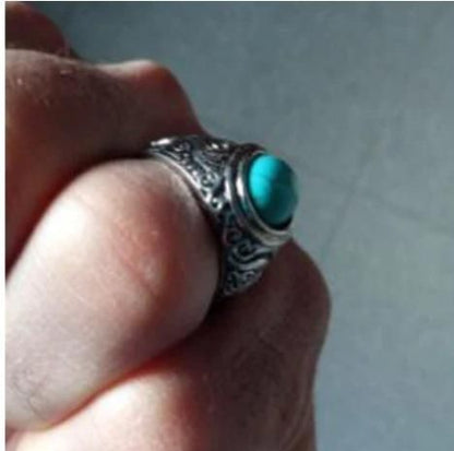 Men Silver-Plated Blue Stone Studded Oxidized Ring