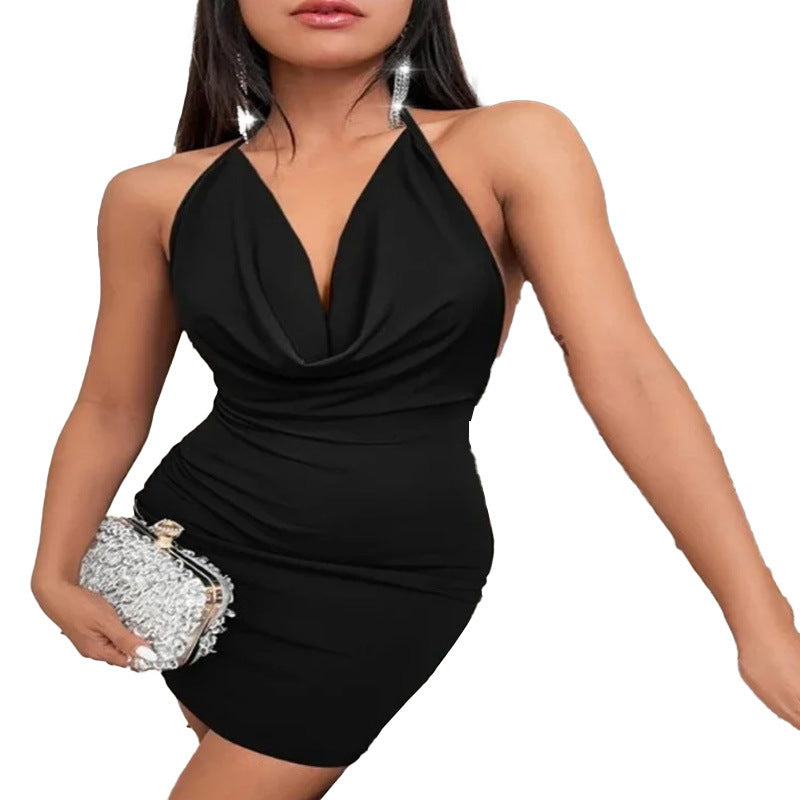 Summer Deep V-neck Dress Temperament Sling Backless Halter Dresses Women's Clothing(Honey Moon)