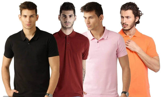 Cotton Blend Solid Half Sleeves Mens Polo Neck T-Shirt (Pack of 4)