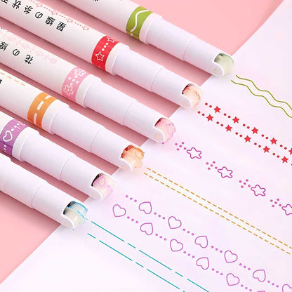 Linear Roller Color Pens Highlighters with 6 Different Curve Shapes (Set of 6)