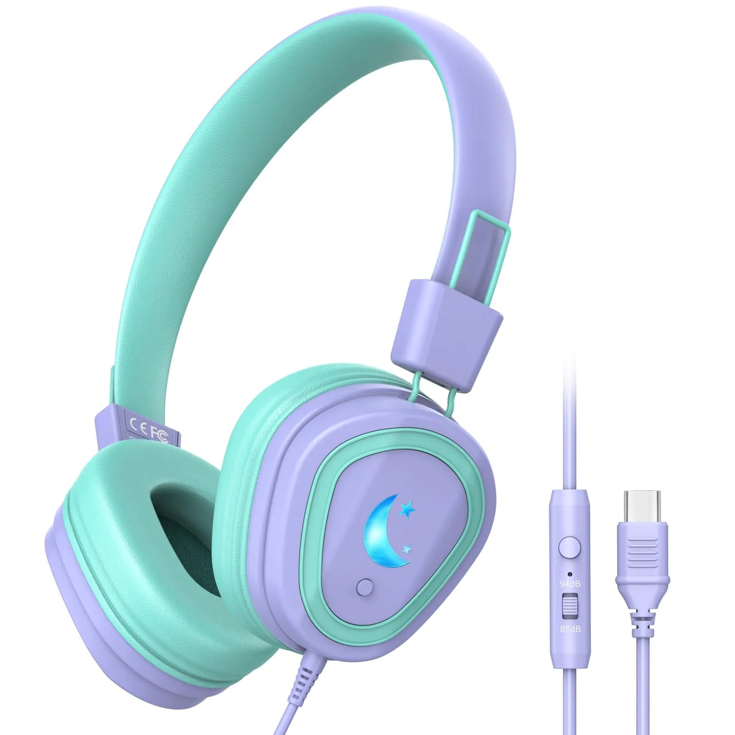 Kids Headphones for School Upgrade USB Type C Kids Headphone with Microphone Wired Boys Girls Headphones with Safe Limiter 85dB/95dB Foldable On Ear Headphones for School/iPad/Tablets/Travel