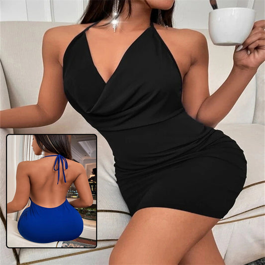 Summer Deep V-neck Dress Temperament Sling Backless Halter Dresses Women's Clothing(Honey Moon)