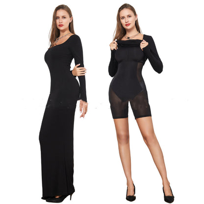 Two-in-one With Lining Double-layer Belly Contracting Hip Lifting Long Sleeve Narrow Dress