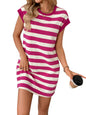 Women's Round Neck Short Sleeve Striped Short Skirt Pocket Casual Dress